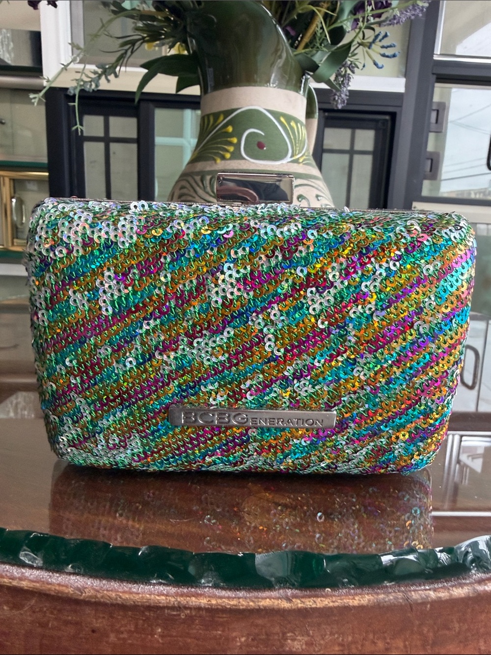 BCBGeneration Vibrant Multi Color Sequin Clutch with Silver Chain